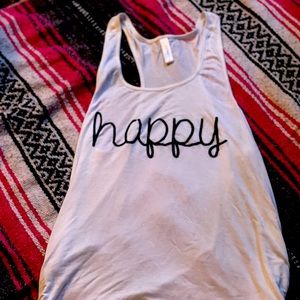 White tank top, black lettering